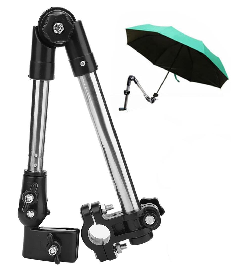 Bicycle Umbrella Holder for Wheelchair Walker, Heavy Duty Stainless Steel Adjustable Clamp Mount - Fits 0.8-1 inch Tubes (20-25mm), 360 Rotation Hands-Free Attachment for Stroller Scooter