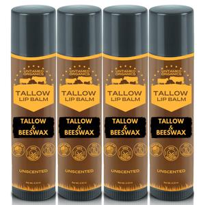 Untamed Organics Pure Tallow Lip Balm | 100% Grass-Fed Beef Tallow and Organic Beeswax | Moisturizing Lip Care for Dry, Chapped Lips | Hypoallergenic, Fragrance-Free | Handcrafted in USA | 4-Pack