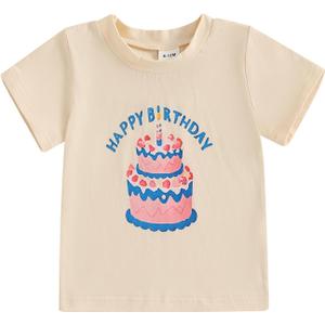 Happy Birthday Girl Boy T-Shirt One/Two/Three/Four/Five/Six Year Old Tee Shirt Toddler Cake Smash Outfit for Kids (Beige)