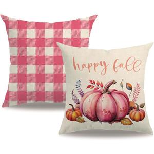 Fall Decorative Throw Pillow Covers,Autumn Pumpkin and Buffalo Check Plaid Design 18x18 Inch Cushion Cases 2Pack Happy Fall Harvest Farmhouse Home Pillowcases for Autumn Thanksgiving (Pink, 18" x 18")