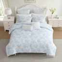 Laura Ashley - Twin Bonus Comforter Set, Soft Reversible Bedding Set, 5 Piece Bed Set with Matching Pillowcases, Euro Shams, & Throw Pillow Covers (Annalise Floral/Dilly Dally Stripe Blue)