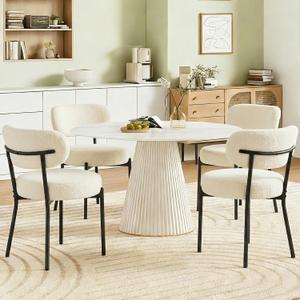 DUMOS Dining Chairs Set of 2, Mid Century Modern Chair Round Upholstered Curved Backrest, Kitchen Vanity Living Room Chairs with Black Metal LegsLight Beige