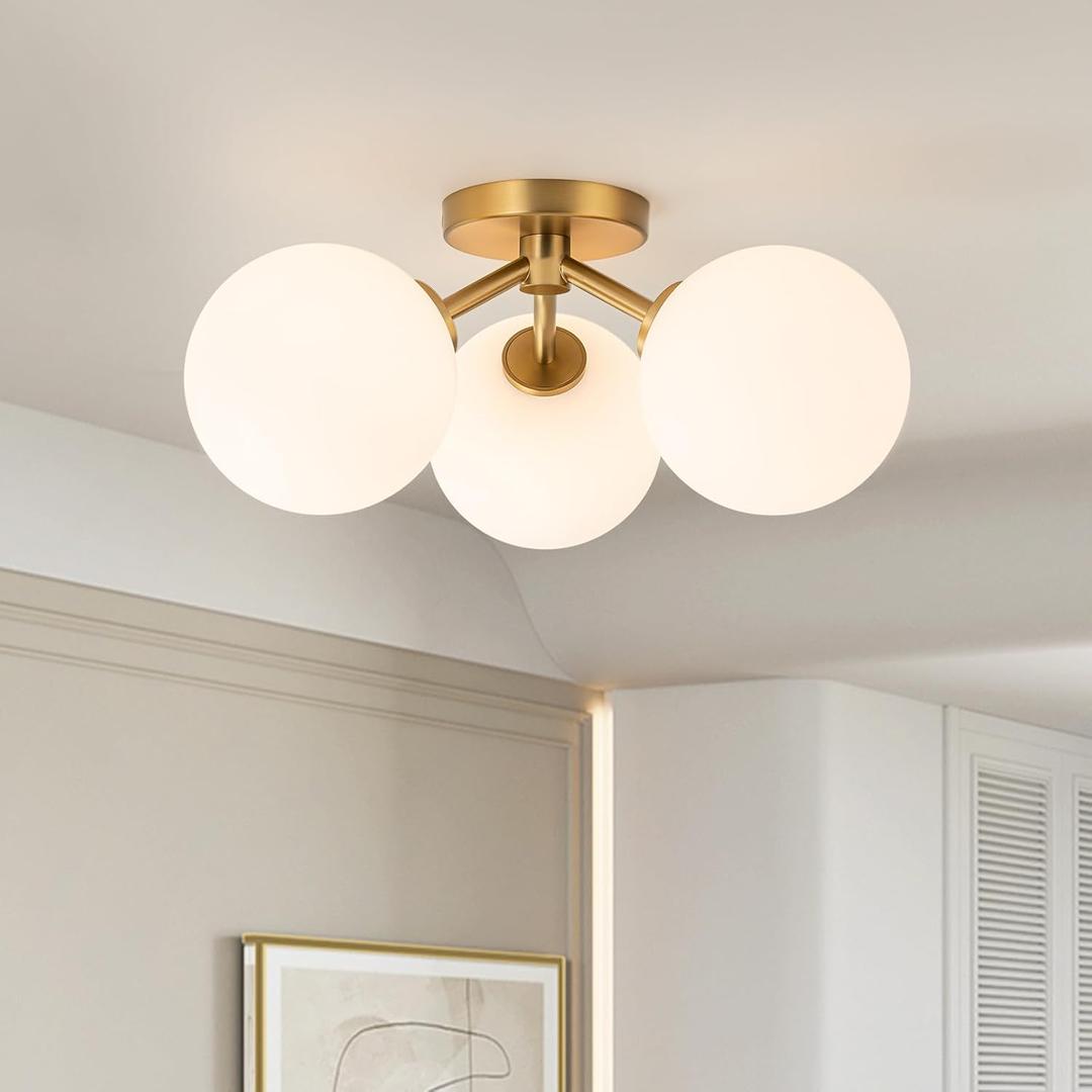 Mid Century Modern Gold Semi Flush Mount Ceiling Light Fixture 3 Light 18 inch, Globe Light Fixtures for Bedroom,Entryway,Hallway,Living Room,Kithcen,Dining Room