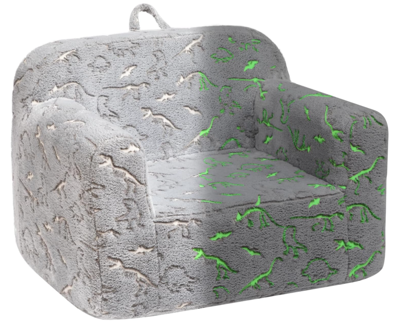 ALIMORDEN Kids UltraSoft Snuggle Foam Filled Chair, GlowinTheDark Dinosaurs Fossil Pattern Toddler Cuddly Sherpa Reading Couch for Boys and Girls