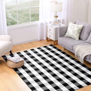 joybest Buffalo Plaid Rug 5 x 7 ft Black and White Checkered Area Rug Cotton Hand-Woven Indoor Outdoor Rugs Carpet for Patio, Living Room, Dining Room, Bedroom (4'11" x 6'11" (Rectangular))