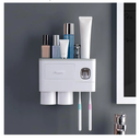 Wall-Mounted Toothbrush Storage Rack with Toothpaste Dispenser Gray Bathroom Organizer for Toothbrushes & Cups