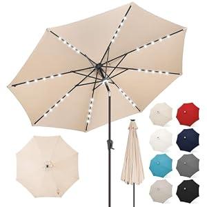 FLAME&SHADE 9 ft Patio Umbrella with Solar Lights, 40 LED Lighted Table Outdoor Umbrella for Deck, Pool, Porch, Backyard, Market, Garden, 8 Sturdy Ribs, UV Protection, Beige