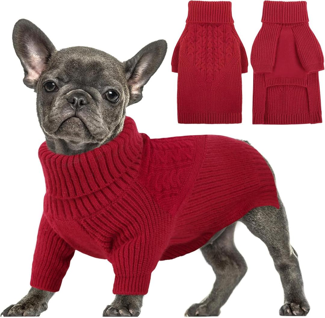 Queenmore Dog Sweater, Puppy Sweater for Small Dogs, Warm Winter Fall Dog Sweaters for Dog Girls Boys, Solid Turtleneck Knit Sweater for Large Medium Dogs, Long Sleeves Christmas Dog Sweater Red, Small