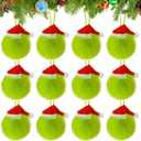 12 Pack Lime Green Furry Christmas Ball Ornaments with Santa Hat, 2.36 Inches Soft Fluffy-Pom-Pom Xmas Tree Hanging Decor for Holiday Home Party Fireplace Wall Decoration(Santa Hat)