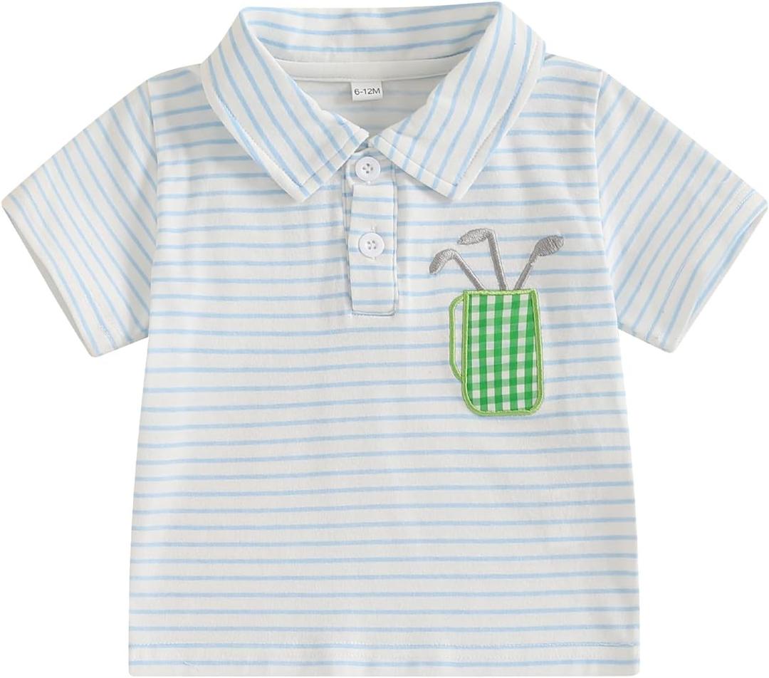 Toddler Baby Boy Shirt Golf Stripes Short Sleeve Button Down T-Shirt Tops Cute Infant Casual Tee Summer Clothes (White)