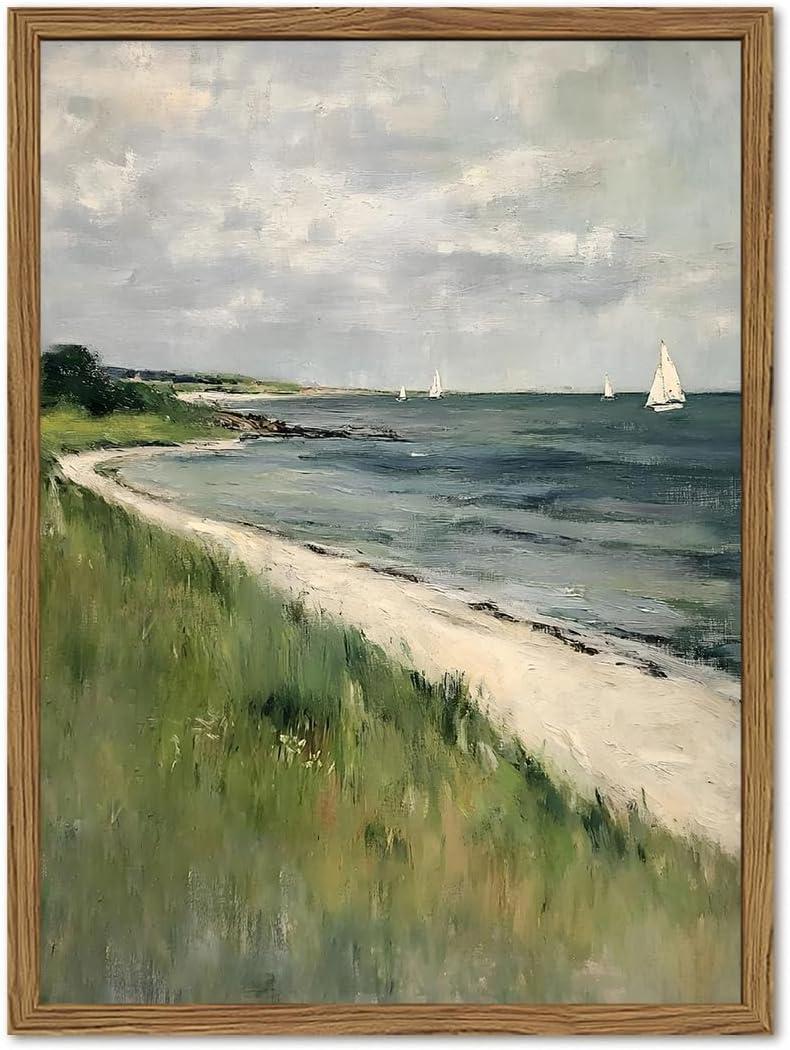 Vintage Coastal Sailboat Wall Art, Ocean Beach Landscape Wall Decor Painting Rustic Nautical Poster Canvas Prints Picture for Living Room Bedroom Farmhouse 16x24 inch Wood Framed