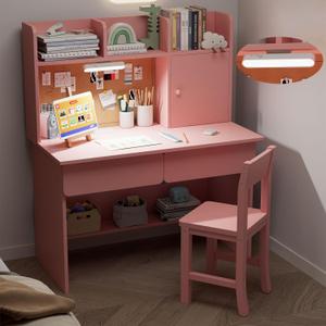 Wooden Pink Kids Study Desk and Chair Set with Light, Charging Station and 2 Drawers, Children Desk with 3 Open Hutch and Shelves, Girls Study Desk for Kids Bedroom-001