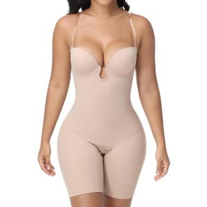 SHAPESHE Backless Strapless Shapewear Bodysuit Plunge Low Back Body Shaper (Beige, XS)