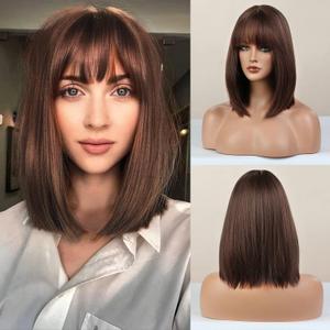 HAIRCUBE Bob Brown Wig with Bangs Short Brown Wigs for Women Shoulder Length Natural Straight Synthetic Wigs for Daily Use(Dark Brown)