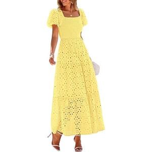 PRETTYGARDEN Summer Dresses for Women 2026 Eyelet Square Neck Puff Sleeve Smocked Wedding Guest Maxi Dress with Pockets S
