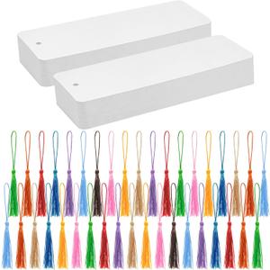 DSYIL 100 Set Blank Bookmarks with Colorful Tassels, White Cardstock Bookmarks Bulk, Craft Paper Book Marks for DIY Projects and Gifts Tags, 5.5 x 2 Inch