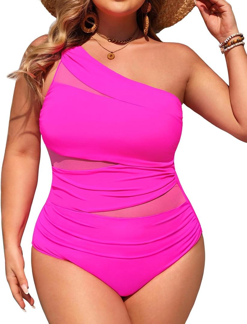 Aqua Eve Plus Size One Piece Swimsuit for Women Tummy Control Bathing Suits One Shoulder Swimwear (Pink, XXL)