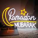 Ramadan Mubarak Neon Sign Islamic Wall Art Eid Mubarak Sign Moon Star LED Neon Light Dimmable Ramadan Neon LED Sign Bismillah Wall Sign Ramadan Mubarak Decorations Eid Al Fitr Supplies (Orange White)