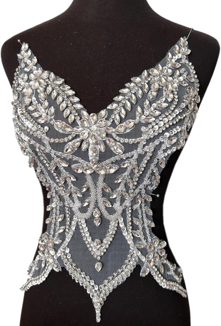 Rhinestones Beaded Bodice Applique Glass Patch Easy to use for Wedding Evening Dance Dress Decoration (White)