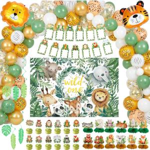 Chengu 119 Pcs Wild One Birthday Decorations Boy Safari Jungle Theme 1st Birthday Party Supplies include Backdrop, Balloon Arch, Cake Topper, Honeycomb, Banner for Jungle Safari First Party