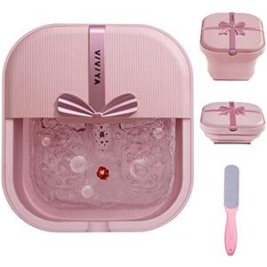 VIVIYA Collapsible Foot Bath Spa with heat and Massage Rollers, Foldable Foot Soak Tub with Bubbles Jets and LED light, Pedicure Foot Spa Massager with Foot Scrubber for Home Use (Pink)