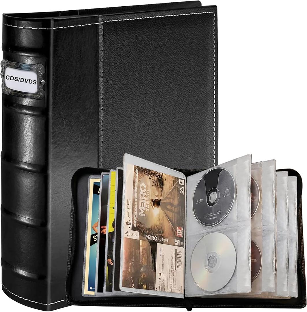 CD DVD Storage Binder, 56 Capacity Leather CD Wallet with Booklet Pockets & Label Slots, Portable Media Disc Organizer for Blu ray, Video Games, Home Collection and Car Travel