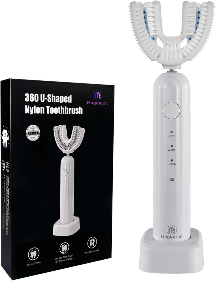 Ultrasonic U Shaped Toothbrush for Adults, Electric Toothbrush for 360-degree Cleaning with Wireless Charging, Waterproof IPX7, 3 Modes for Teeth Whitening(White)