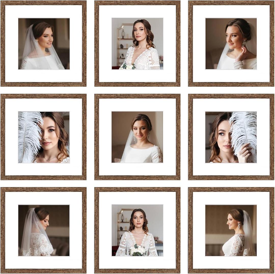 12x12 Picture Frame Set of 9, Display Pictures 8x8 with Mat or 12x12 without Mat, Multi Collage Gallery Square Photo Frames for Wall or Tabletop,Distressed Brown