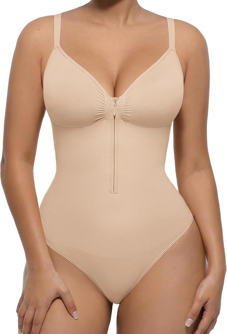 FeelinGirl Shapewear Bodysuit Tummy Control for Women Zip-Up Shapewear Thong Sculpting Snatched Waist V Neck Body Shaper (Medium, Khaki)