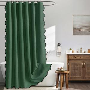 MIULEE Christmas 84" Long Scalloped Shower Curtain Linen Textured with 12 Metal Hooks Cute Extra Long Heavy Duty Washable Waterproof Cloth Curtains with Black Border for Bathroom Hotel,Dark Green