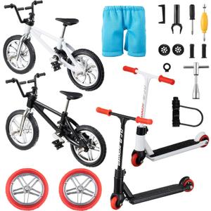 Zomiboo 18 Pieces Finger Toy Set Including Alloy Finger Bikes, Finger Scooter, Finger Pants, Replacement Wheels, Bike Lock and Mini Tools Movement Party Favors (Black, White, Blue)