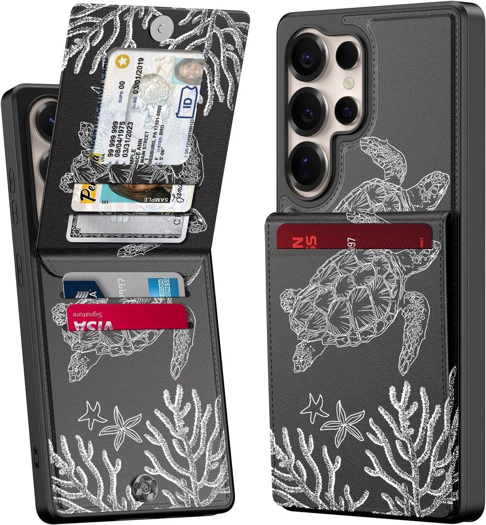 Bemal for Samsung Galaxy S25 Ultra Wallet Case with Card Holder, Fashion Printed, RFID Blocking, PU Leather Kickstand, Magnetic Closure, Shockproof Phone Cover for Women Men, Cute Sea Turtle