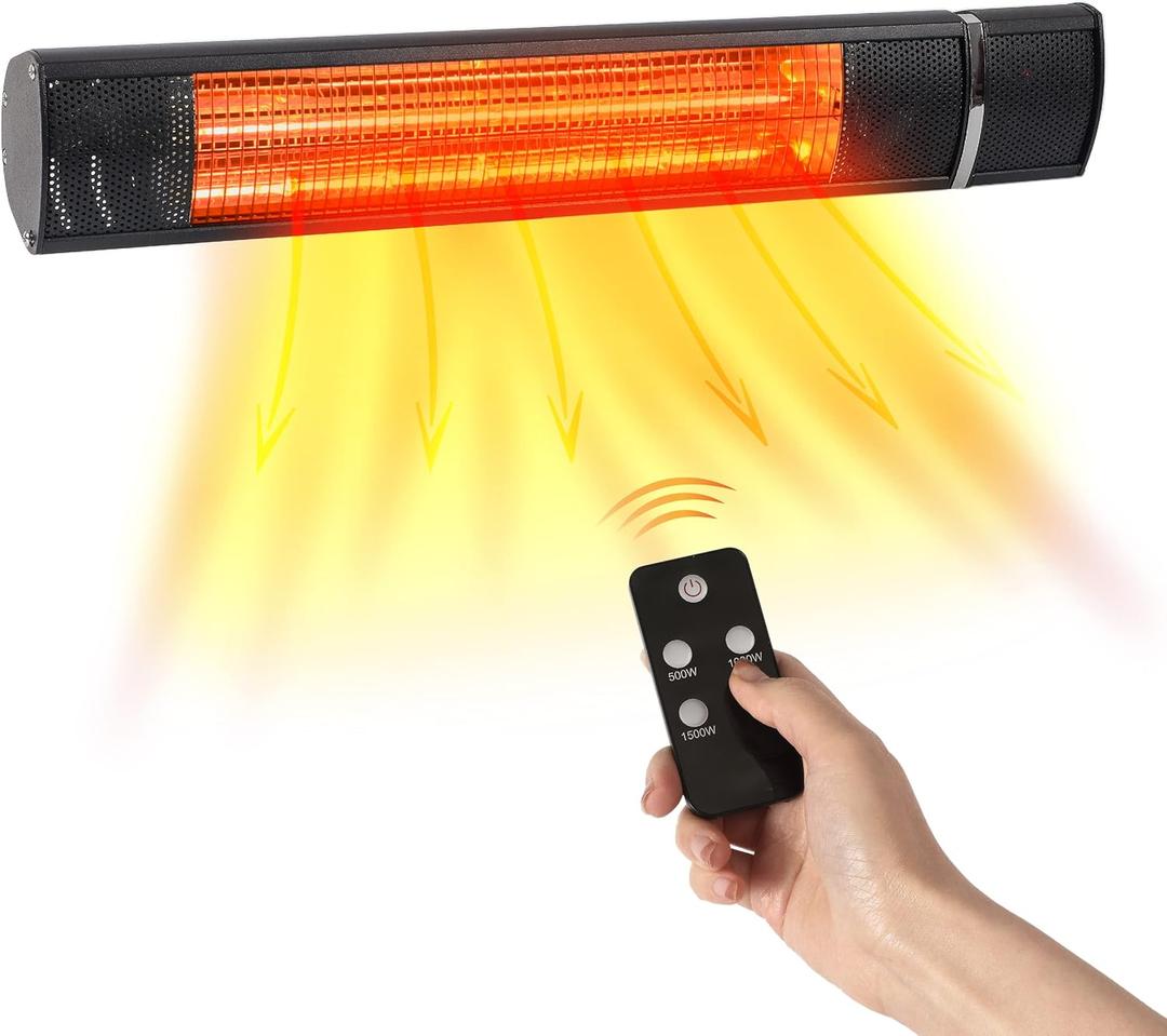 BLACK+DECKER Wall Mounted Infrared Patio Heater for Outdoor Use, 1500W Electric Heater with 3 settings, Space Heater with Remote Control, Heats Up To 160 Sq. Ft., BHOW03R, Black