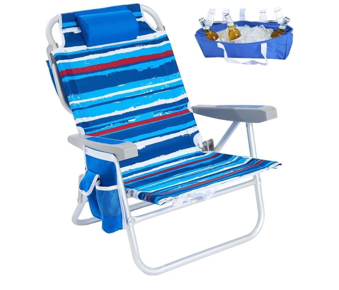 SUNNYFEEL Low Beach Chair 5 Position Lay Flat, Portable Folding Backpack Beach Chairs Heavy Duty with Cooler Bag, Cup Holder for Outdoor/Lawn/Picnic/Fishing, Foldable Camping Chair (New BlueStripe)