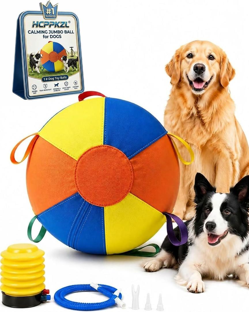 10/18/22" Calming Jumbo Ball for Dogs Durable Tear-Resistant Inflatable Big Ball Tough Herding for Play Exercise Toy with Heavy-Duty Handle Cover & Pump Fun Doggy Herding Dog Giant Tennis(A,10in)
