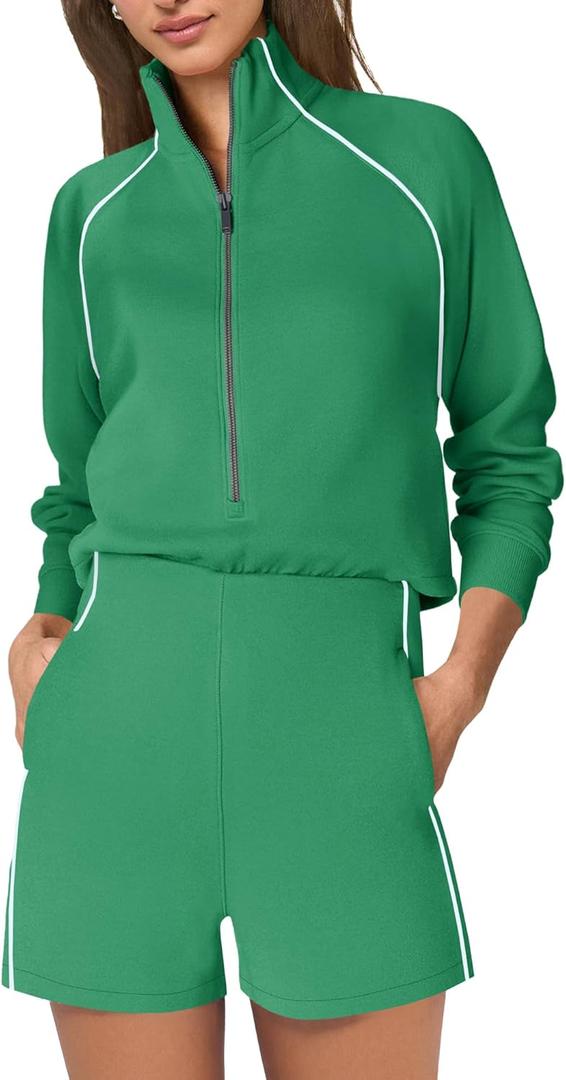 SENSERISE Womens Long Sleeve Romper One Piece Jumpsuits Mock Neck Wide Leg Shorts Fall Outfits with Zipper & Pockets L