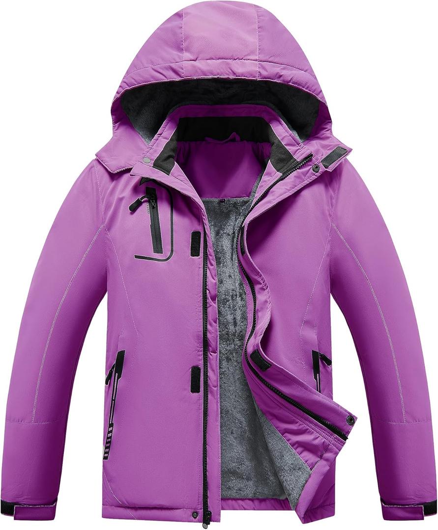 Kid's Waterproof Ski Jacket Warm Fleece Lined Hooded Boy's and Girl's Winter Jacket Breathable Removable Coat (10-12 Years, Purple)