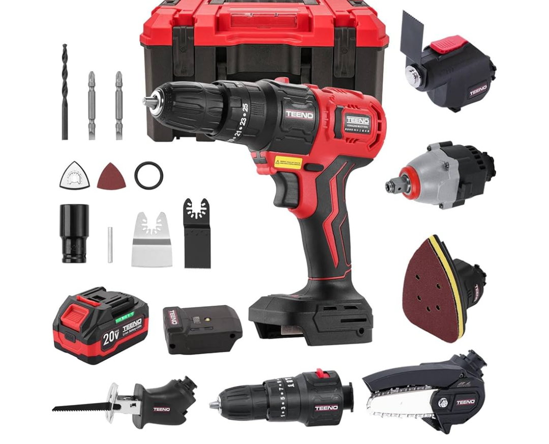 TEENO 20V MAX Power Tool Combo Kit, 7 Tool Cordless Power Tool Set with 3.0Ah Battery, Charger, and Tool Box Included, Brushless Combo Kit for Home Improvement, Yard Work & Woodworking