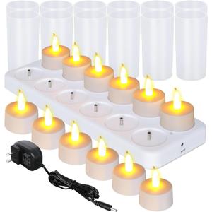 Esup Rechargeable Candles Flameless Flickering Candles Tealights 12pcs/Set with White Base, Decoration Parties, Weddings, Bar, Family, Dinner Outdoor Picnic