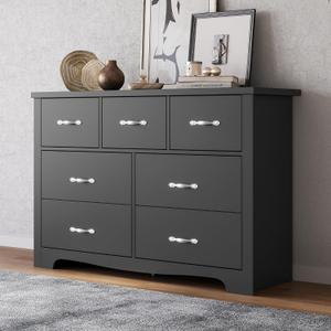 LINSY HOME Modern 7 Drawer Dresser for Bedroom, Tall Bedroom Dresser with Large Drawers and Metal Handles, Wooden Chest of Drawers, Storage Cabinet and Organizer for Living Room, Hallway, Black