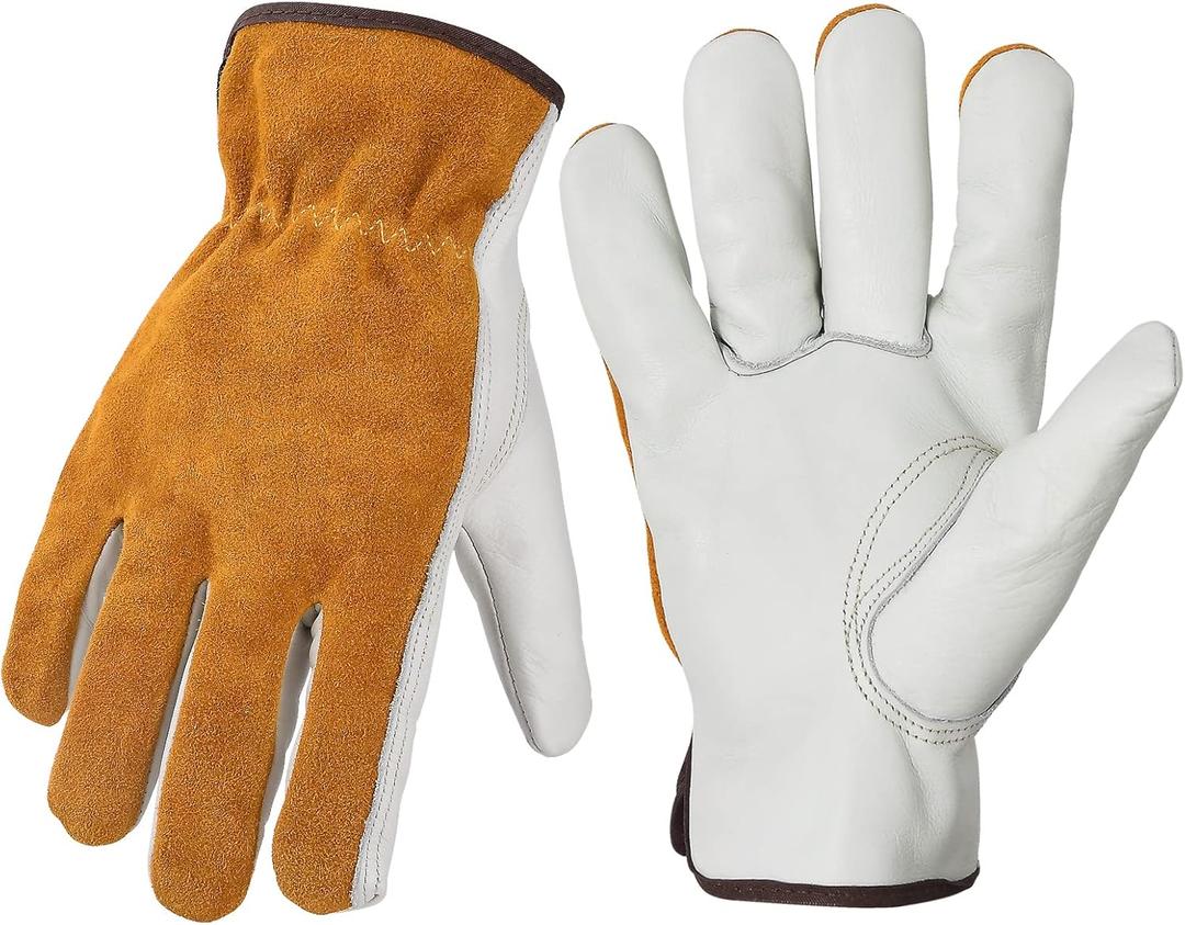 Leather Work Gloves Cowhide Gardening Glove for Wood Cutting/Garden/Construction/Driving for Men and Women 1 Pair(Large)