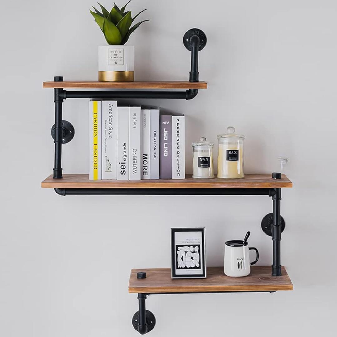 Industrial Heavy Duty DIY Pipe Shelf Shelves Steampunk Rustic Urban Bookshelf Real Wood Bookshelves and bookcases1 (3 Tier)