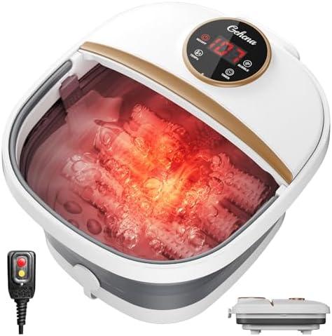 GEHONA Collapsible Foot Spa Bath with Heat,Foot Massager with Two Side Supports,Leakage Protector,Temperature Control,Bubbles,Red Light,Timer, Feet Spa Tub,Feet Soaker,Gifts (White)