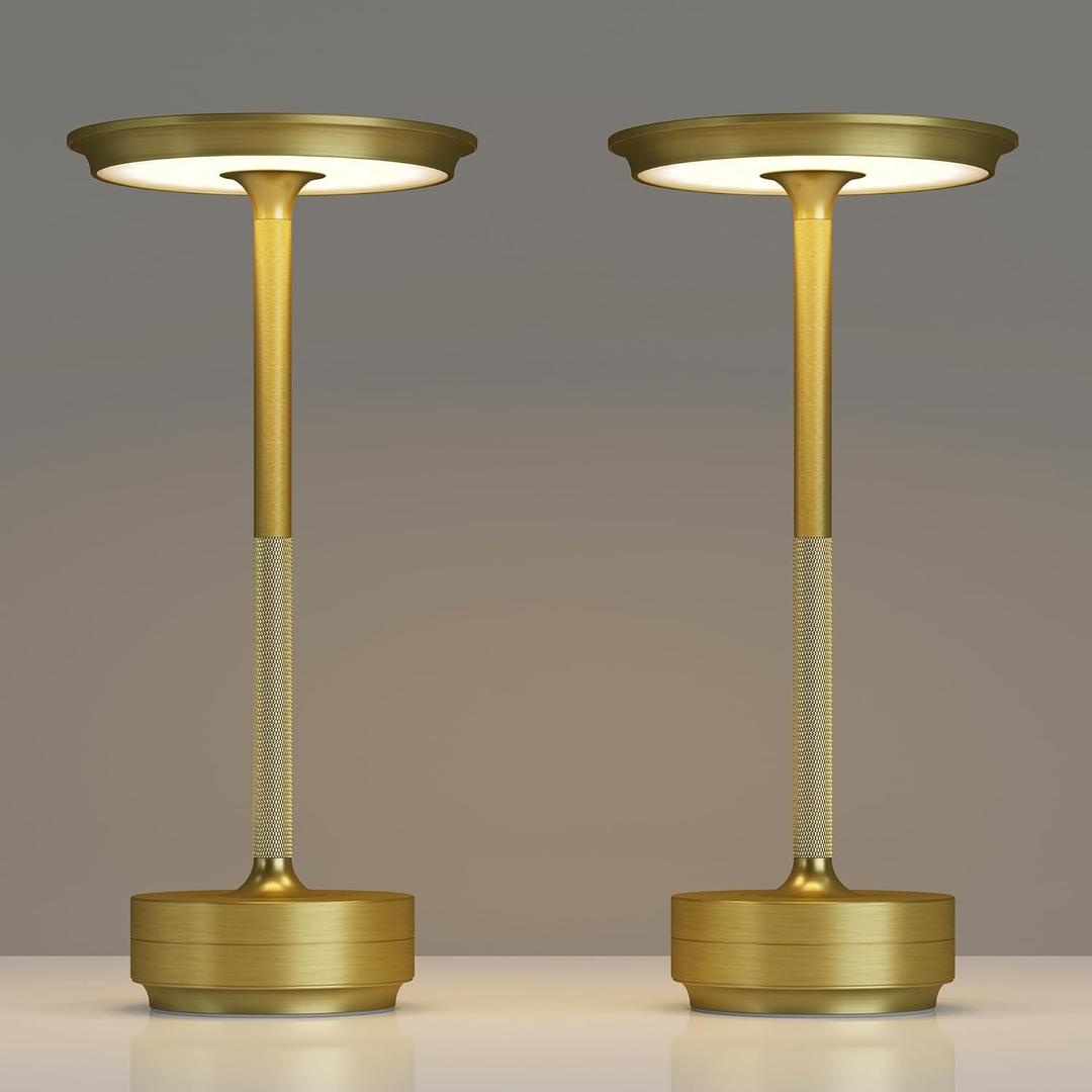 2 Pack Cordless Table Lamps Rechargeable, 5000mAh Portable LED Table Light, 3 Color Stepless Dimming Battery Powered Table Lamp, for Patio/Restaurant/Home/Outdoor.(Brushed Gold)