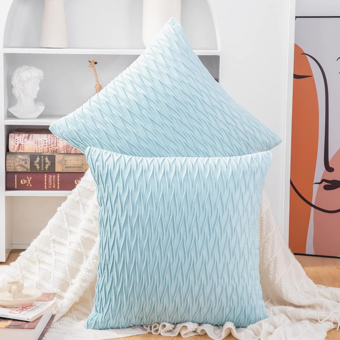 MADIZZ Set of 2 Super Soft Velvet Decorative Throw Pillow Covers 16x16 inch Light Blue Square with Texture Luxury Style Cushion Case Pillow Shell for Sofa Bedroom (16" x 16" (Pack of 2))