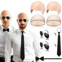 Mepase 8 Pcs Halloween Latex Bald Caps with Head Wig Caps Sunglasses Tie and Bow Tie for Adults Men Halloween Party Cosplay(Wrinkle Style)