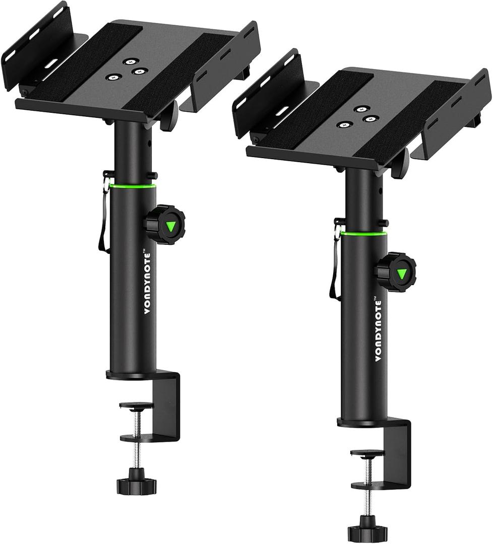 Set of 2 Dual Side Clamping Studio Monitor Stands Desk Clamp Speaker Stands 0-12Tilt Height Adjustable Extendable Top Plate Mounted by Screws