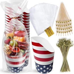Charcuterie Cups With Sticks - [50 Cups + 200 Picks + 50 Bags & Ties] -14 oz Kraft Charcuterie Cups with Cocktail Picks (3 Types) - Disposable Paper Appetizer Cups - Popcorn Boxes - French Fry Holder