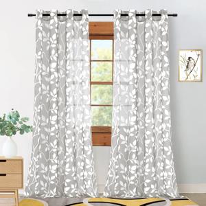 XTMYI Light Grey White Window Curtains for Living Room 84 Inch Length 2 Panels Set Grommet Voile Drapes Leaf Floral Print Design Striped Patterned Sheer Curtain Panels for Bedroom 84 Inches Long Gray