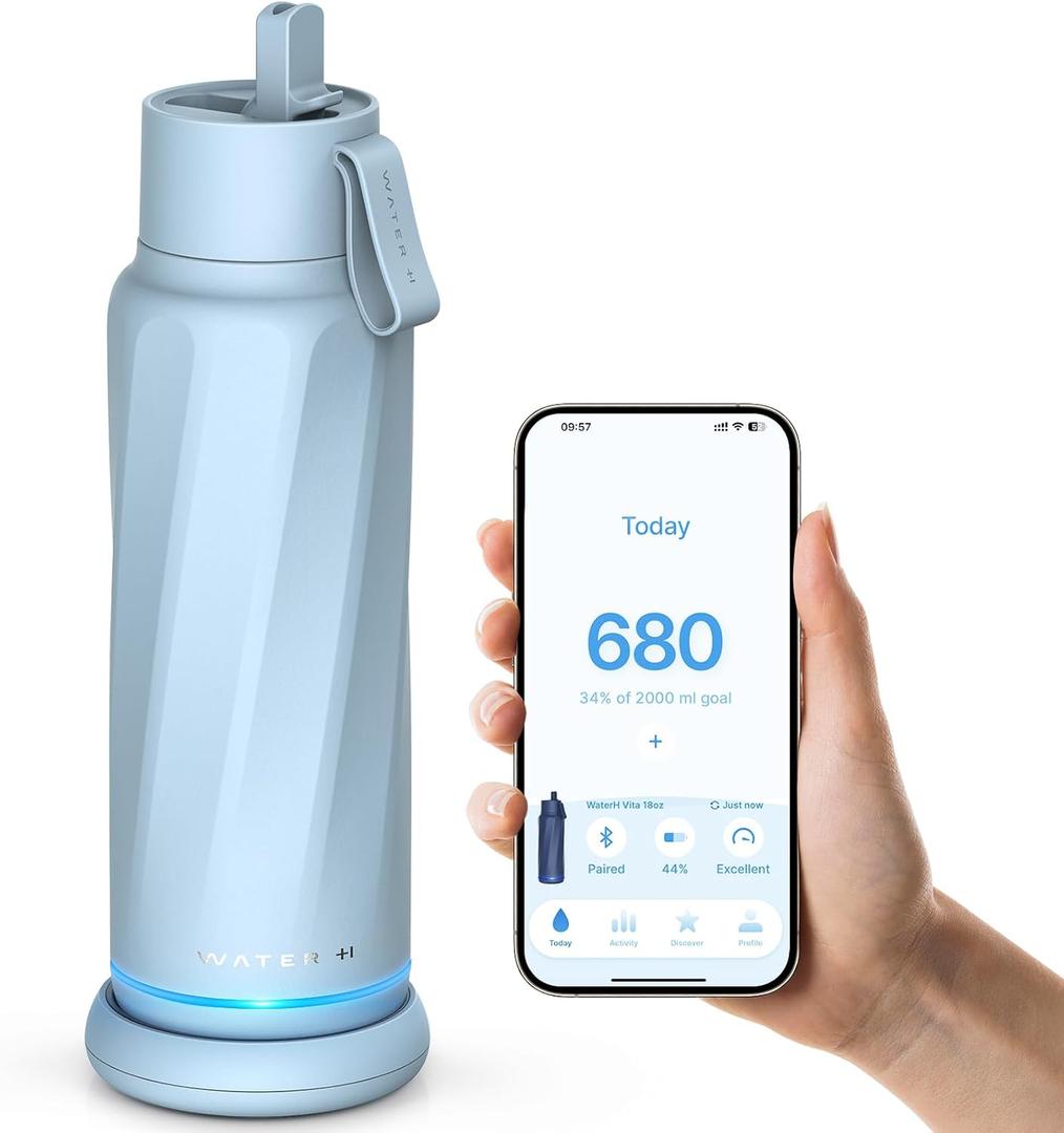 Vita Smart Water Bottle with Reminder to Drink Water, BPA-Free Vacuum Insulated Water Bottles with Straw, Bluetooth Intake Water Tracking Bottle, Ideal for Gift (18 oz) (18 Ounces, Seashell Blue)